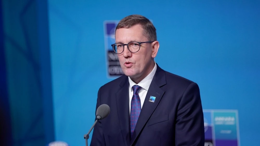 Прем'єр-міністр Естонії Крістен Міхал на пресконференції в уряді, де також був присутній міністр закордонних справ Маргус